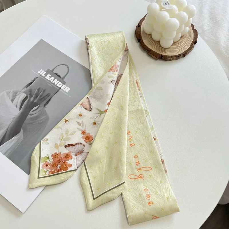 패션 Floret 인쇄 Hairband 실크 새틴 가방 스카프 여성을위한 스키니 긴 손목 리본 목 스카프 여성을위한 헤어 스카프