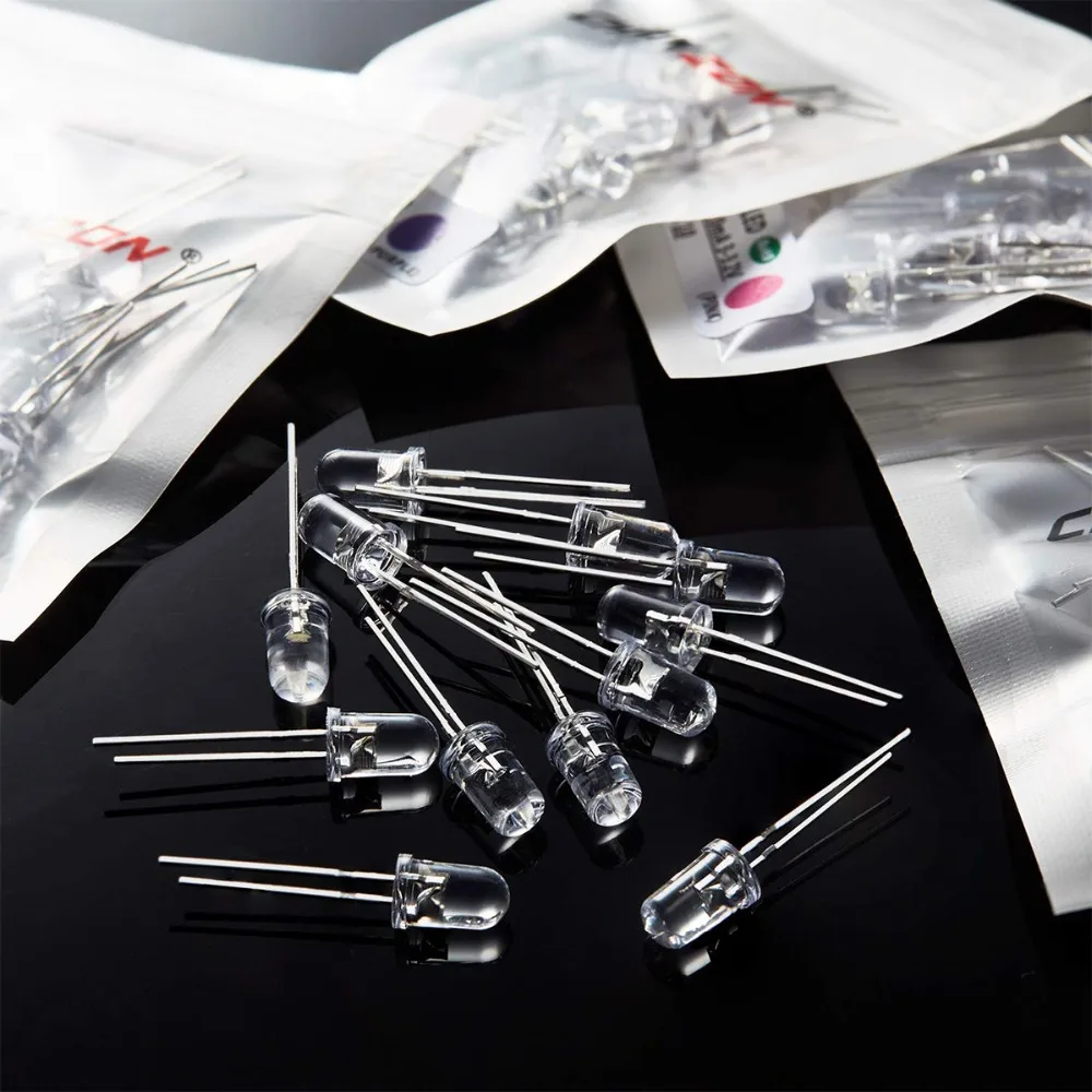 100pcs 5mm LED 다이오드 울트라 브라이트 따뜻한 화이트 레드 그린 블루 UV 퍼플 옐로우 오렌지 핑크 여러 가지 빛깔의 2V 3V 방출 모듬 세트