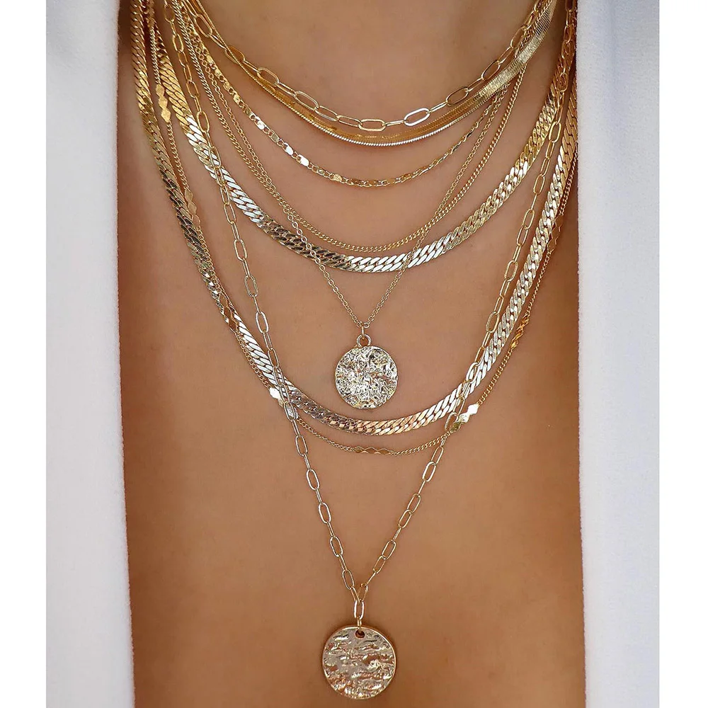 여성을위한 빈티지 골드 컬러 여러 스타일 목걸이 유행 다층 디스크 펜던트 목걸이 새로운 Tendyaces 세트 보석 선물