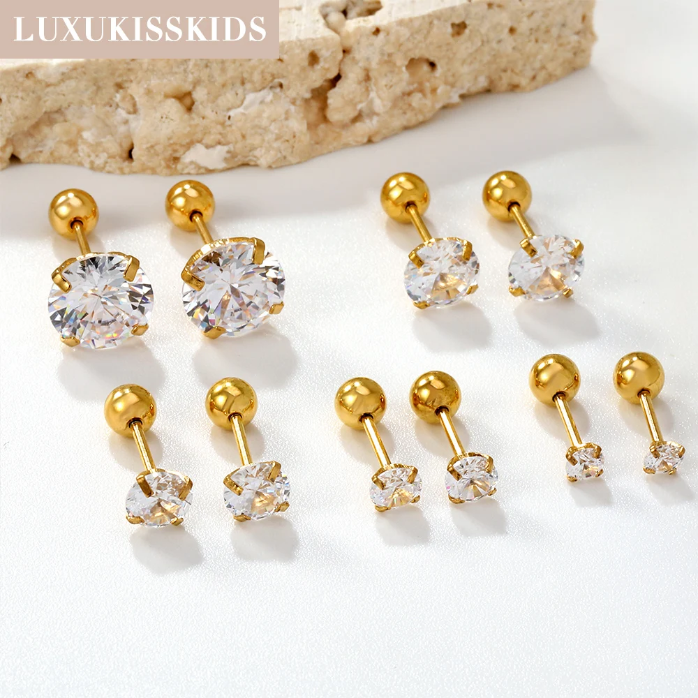 LUXUKISSKIDS 1pairs/2pcs 남자 라운드 크리스탈 지르코니아 스터드 귀걸이 외과 강철 보석 럭셔리 클리어 라인 석 남여 피어싱