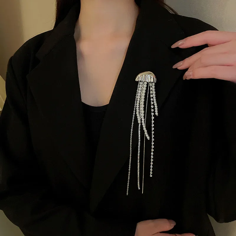 남성용 절묘한 해파리 브로치, 세트 핀, 반짝이는 라인석 진주, 긴 술 브로치, 여성용 원피스 파티 액세서리, 패션