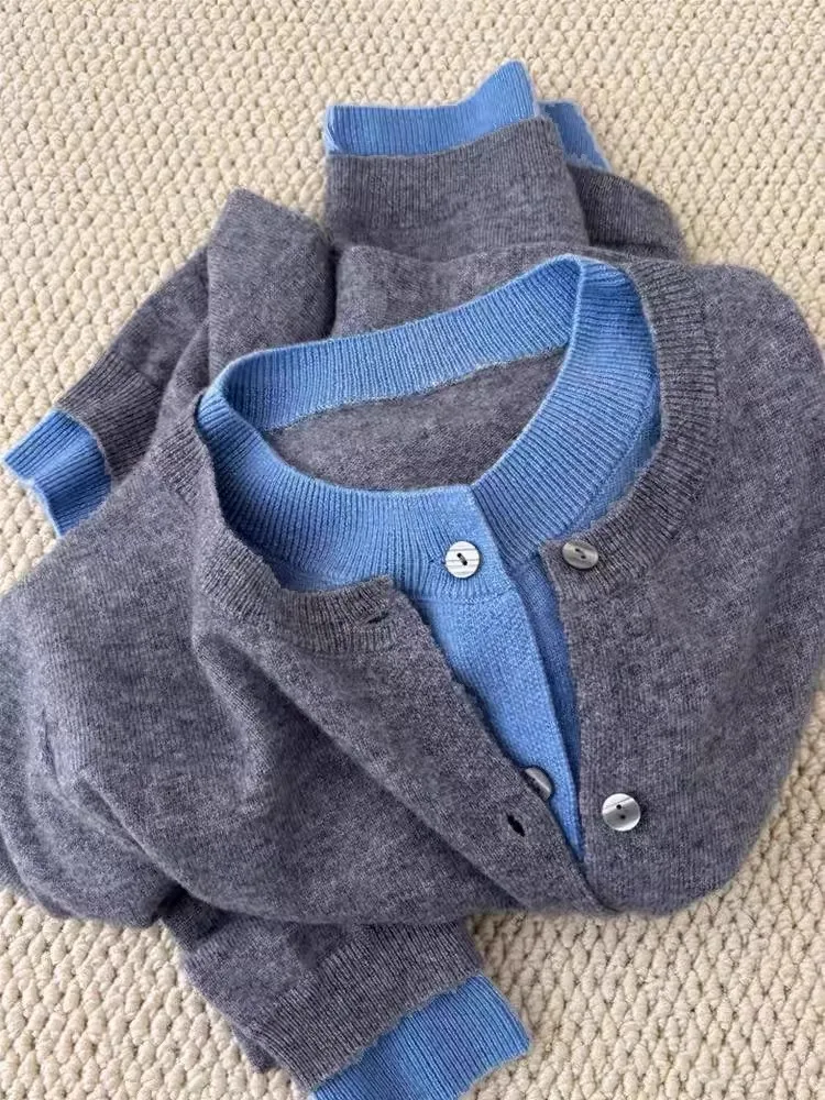 페이크 2개 100% 순수 캐시미어 스웨터 가디건 다크 그레이 고급 울 니트 코트 탑