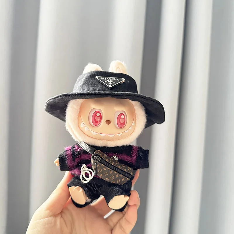 15-17cm Labubu 블라인드 박스 키 체인 비닐 인형 스웨터 신발 모자 가방 세트 인형 럭셔리 의류 액세서리에 적합