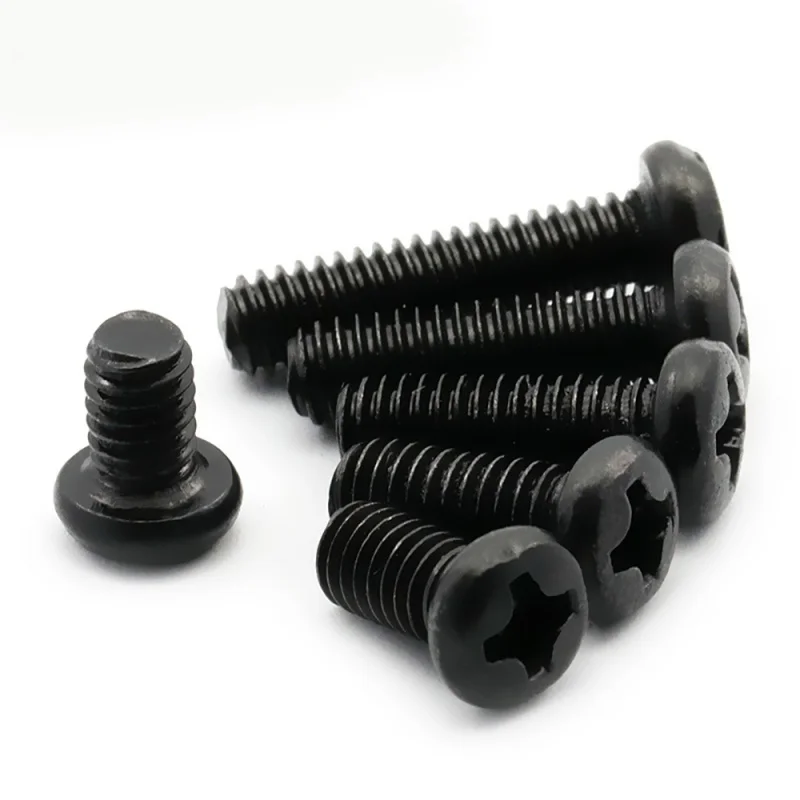 100 개/몫 십자형 팬 헤드 나사 M1 M1.2 M1.6 M2 M2.5 M3 M4 M6 탄소강 검정색 필립스 기계 나사 등급 4.8