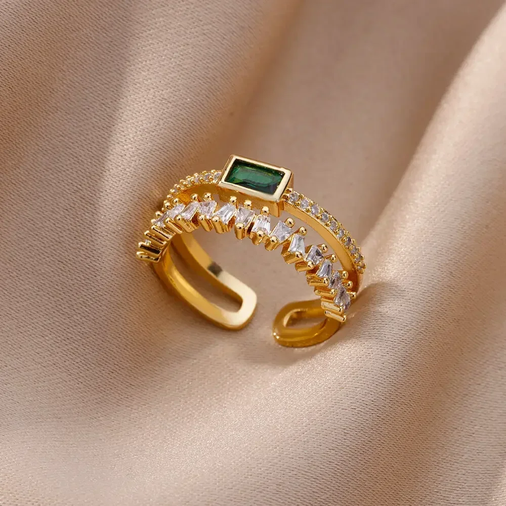 여성을위한 골드 컬러 스테인레스 스틸 반지 다채로운 큐빅 지르콘 하트 오프닝 조절 링 패션 쥬얼리 결혼 선물
