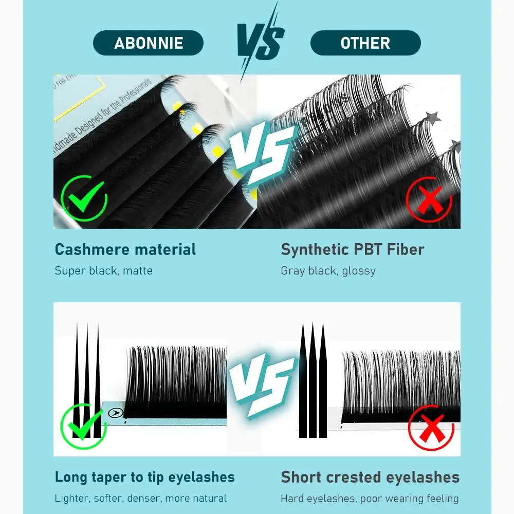 Abonnie 캐시미어 클래식 개별 속눈썹 연장 울트라 매트 블랙 속눈썹 푹신한 섬모 모든 크기 Cilios