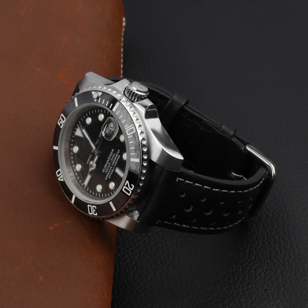 빈티지 수제 시계 스트랩 18mm 19mm 20mm 22mm 24mm 레이싱 가죽 스트랩 그레이 블랙 브라운 블루 통기성 다공성 시계 밴드