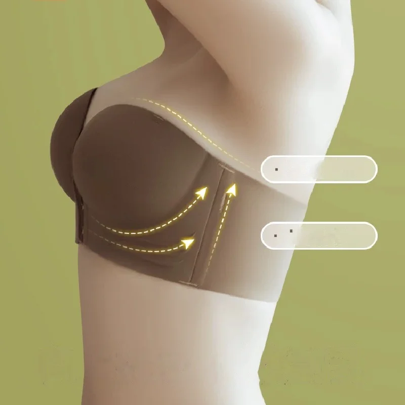 여성용 프론트 클로저 스트랩리스 브래지어, 심리스 푸시 업 브래지어, 두껍고 부드러운 속옷, 단색 조절 가능 보이지 않는 란제리