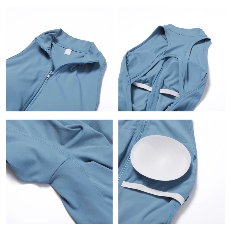 V 백 원피스 정장 여성 스포츠 점프 슈트 지퍼 요가 Rompers 등받이 운동복 여성 Sleeveles 운동 바디 슈트 여성