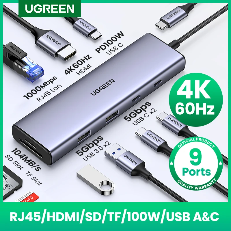 UGREEN USB C 허브 HDMI 어댑터, USB C에서 USB3.0, PD100W, SD 및 TF, 맥북 프로 에어 노트북용, C타입 3.1 스플리터 도킹 스테이션, 4K60Hz title=UGREEN USB C 허브 HDMI 어댑터, USB C에서 USB3.0, PD100W, SD 및 TF, 맥북 프로 에어 노트북용, C타입 3.1 스플리터 도킹 스테이션, 4K60Hz 