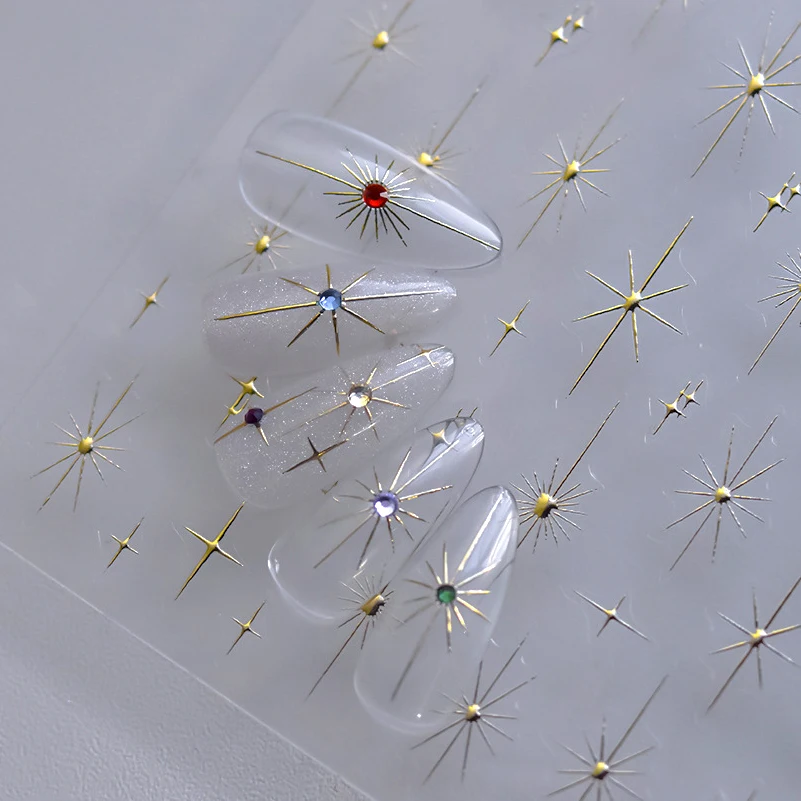 골드 실버 스타 레이저 핑크 다채로운 반짝이 별빛 스파클 라인스톤 릴리프 네일 아트 장식 스티커 매니큐어 데칼