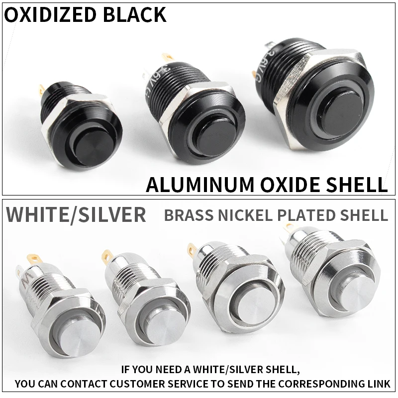 1NO 하이 헤드 방수 금속 푸시 버튼 스위치 LED 라이트 자동 잠금/리셋 3/6/12/24/220V 8/10/12/16mm 산화 검정색