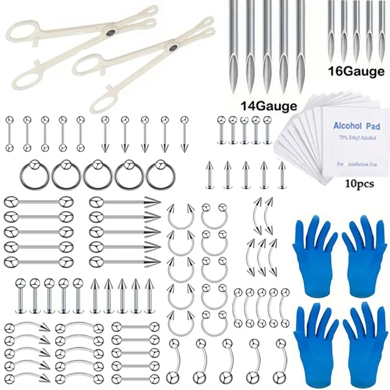67/70/101/111Pcs 멸균 귀 피어싱 키트, Tragus Helix 연골 통증 없음 피어싱 도구 기계 세트 스터드 쥬얼리