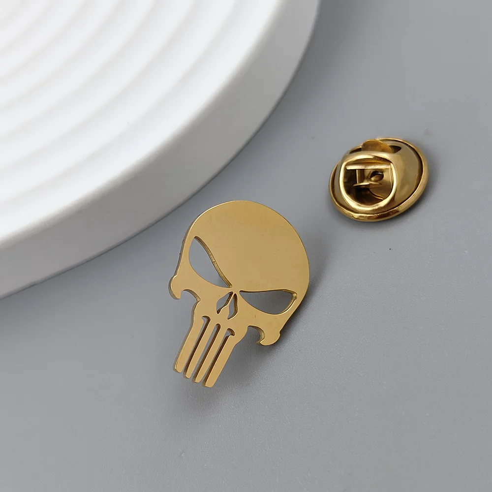 처벌 해골 금도금 배지, 정장 옷깃 핀 스테인레스 스틸 블랙, 여성용 노출 방지 버튼, 남성용 브로치