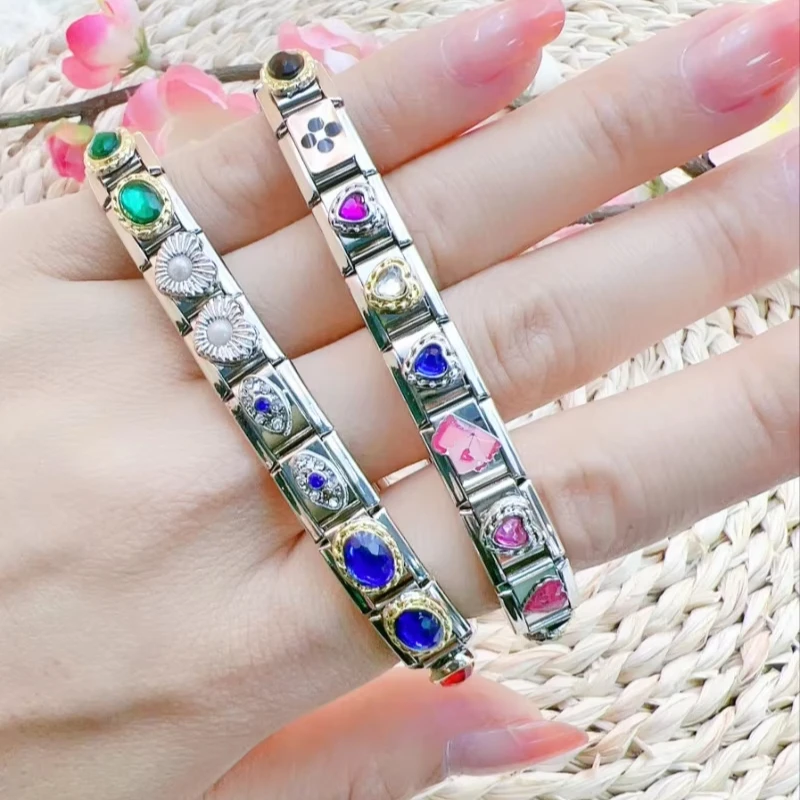 2025 새로운 오리지널 럭셔리 지르콘 사랑 이탈리아 매력 링크 맞는 9mm 팔찌 스테인레스 스틸 쥬얼리 만들기