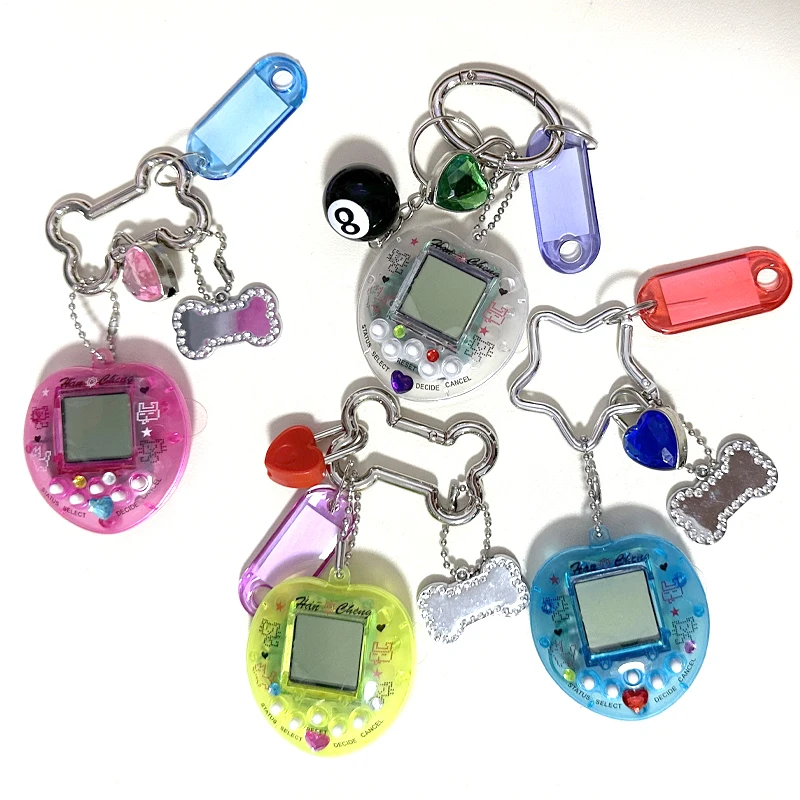 한국어 패션 레인보우 게임 콘솔 뼈 키 체인 카와이 하라주쿠 매력 Y2K 크리스탈 하트 잠금 DIY 가방 펜던트 키 체인 빈티지