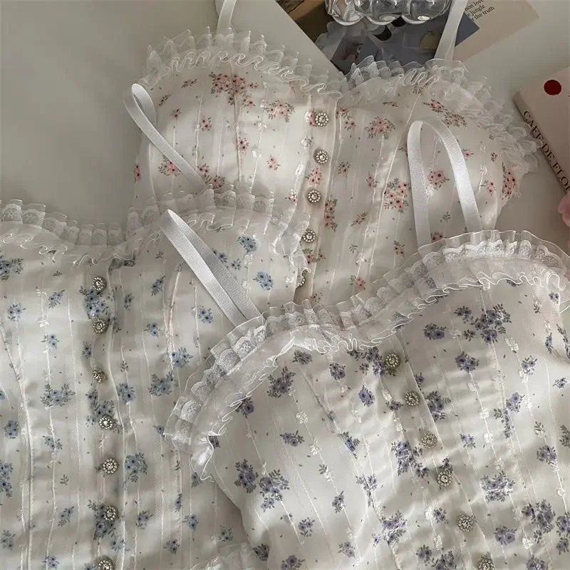 꽃 튜브 탑 프렌치 우드 귀 밑단 캐미솔 여성용 통기성 레이스 탱크 탑 여름용 아름다운 속옷