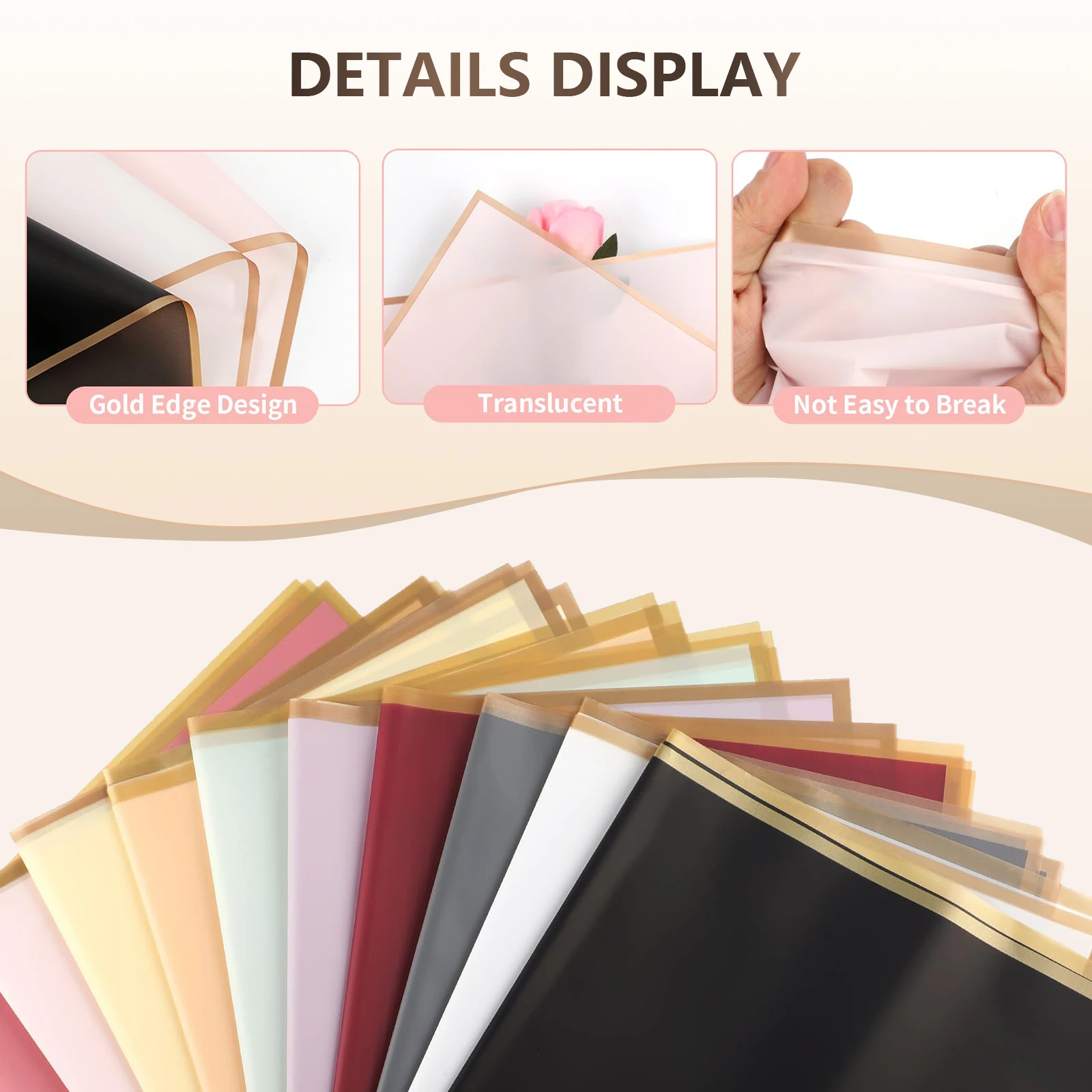 황금색 가장자리가 있는 꽃 포장지 10장, 방수 꽃다발 포장 - DIY 결혼식 및 생일에 이상적