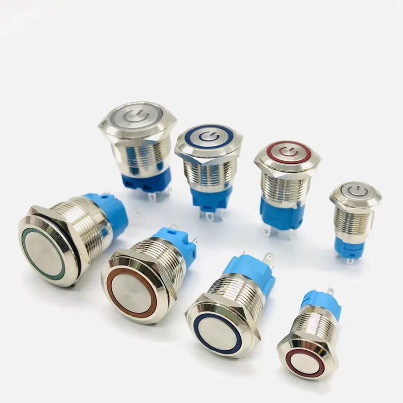금속 버튼 스위치 12 16 19 22mm LED 조명 재설정 자동 잠금 자동차 엔진 정지 시작 스위치 12V 24V 220V 빨간색 파란색 녹색 노란색