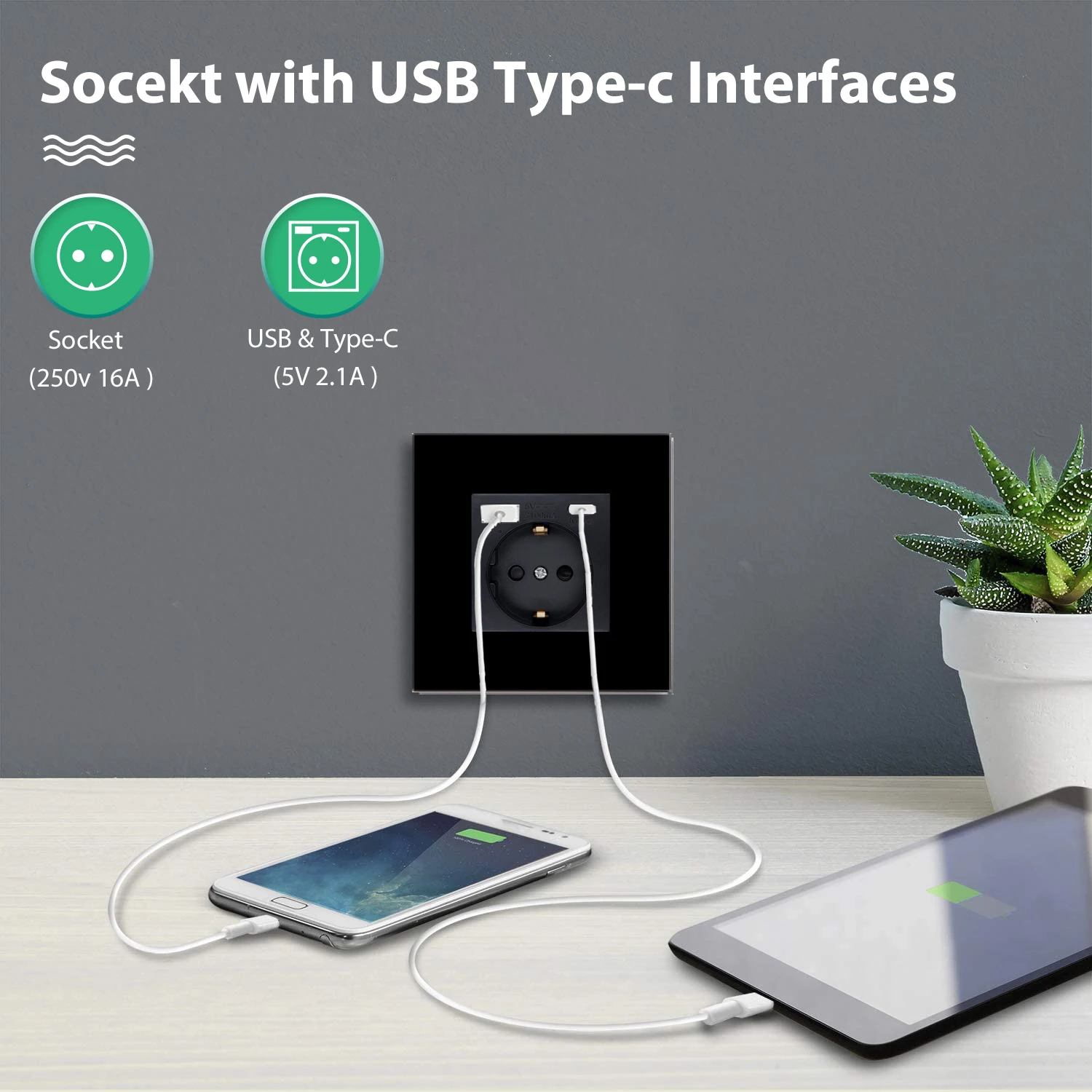 BSEED EU 표준 벽 전기 소켓, C타입 콘센트, 벽 전원 소켓, USB 충전 포트, 유리 패널, 어린이 보호, 16A