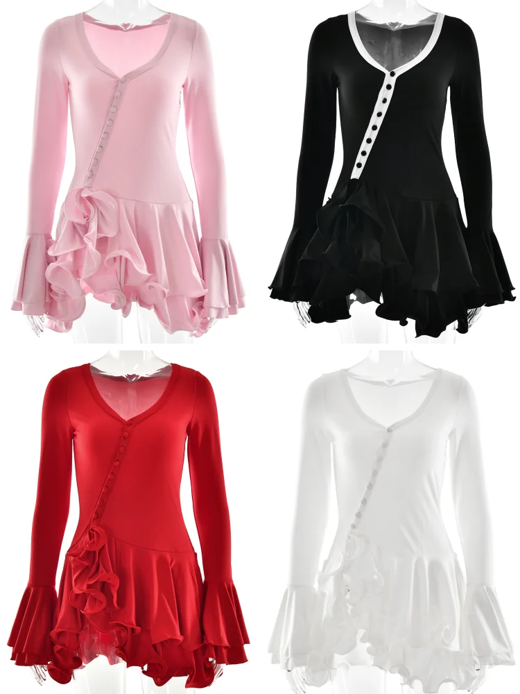 Absobe 여성용 a 라인 Bodycon 미니 드레스 프릴 밑단 v 넥 비대칭 버튼 긴 소매 짧은 드레스 파티 streetwear 의상