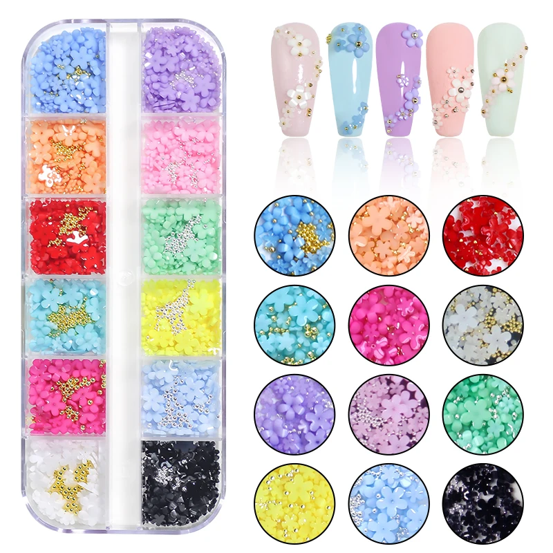 3D 아크릴 꽃 네일 아트 장식, 골드 실버 비즈, 색상 변경 네일 참, 럭셔리 라인스톤 용품 액세서리