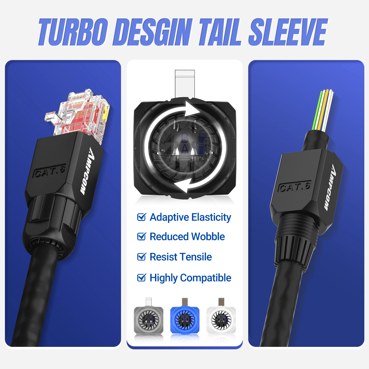 AMPCOM 도구 무료 RJ45 커넥터, 압착 도구 없음 연선 솔리드 Lan 이더넷 케이블용 UTP 1000Mbps CAT6/CAT6A 모듈형 플러그