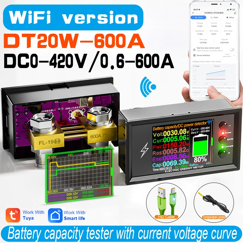 DC 0-420V Tuya WiFi 스마트 리튬 배터리 용량 감지 테스터 DC 디지털 디스플레이 전류 전압 쿨롱 전력계 DT20W title=DC 0-420V Tuya WiFi 스마트 리튬 배터리 용량 감지 테스터 DC 디지털 디스플레이 전류 전압 쿨롱 전력계 DT20W