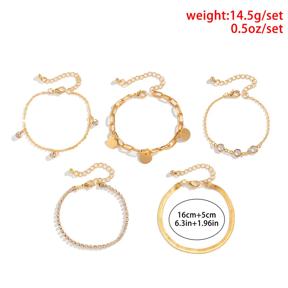 Boho 플랫 뱀 뼈 체인 라인 석 스팽글 펜던트 팔찌 세트 레이디 기하학 패션 팔찌 조합 소녀 쥬얼리
