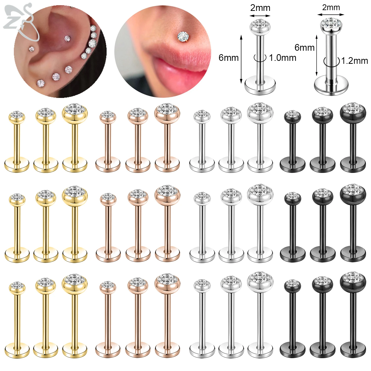 ZS 10 개/몫 골드 컬러 16/18G 스테인레스 스틸 Labret 립 피어싱 남자 CZ 크리스탈 귀 연골 Tragus 헬릭스 피어싱 6/8/10MM title=ZS 10 개/몫 골드 컬러 16/18G 스테인레스 스틸 Labret 립 피어싱 남자 CZ 크리스탈 귀 연골 Tragus 헬릭스 피어싱 6/8/10MM