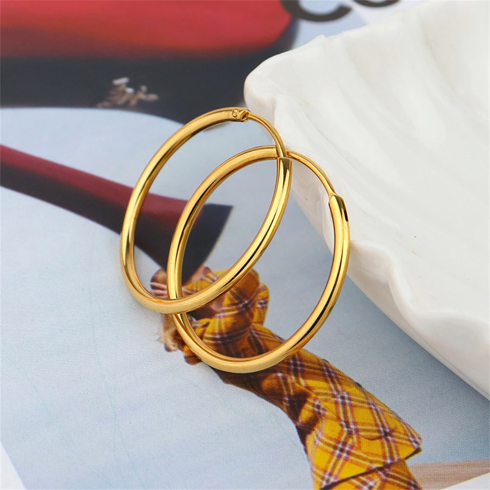 여성을위한 골드 도금 부드러운 원형 원형 빅 후프 귀걸이 크기 12/25/30/40/50/60mm 스테인레스 스틸 쥬얼리 액세서리 선물