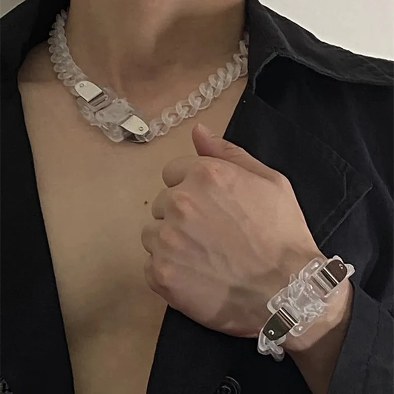 남성용 무광 투명 아크릴 체인 잠금 펜던트 목걸이, 록 링크 버클 초커 팔찌, 힙합 파티 쥬얼리, 신제품