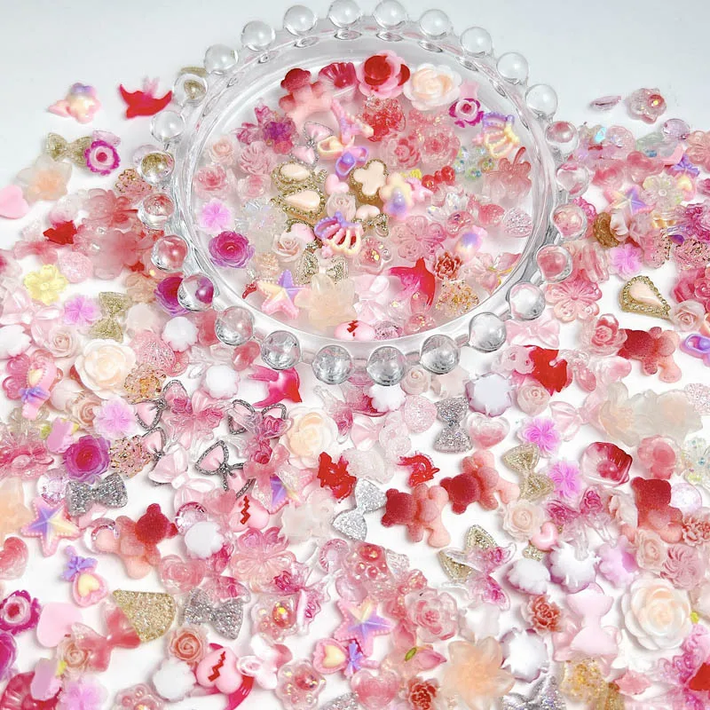 혼합 귀여운 만화 네일 참, 3D 송진 꽃 활 과일 네일 아트 장식, 매니큐어 DIY 전화 케이스 액세서리, 100 개