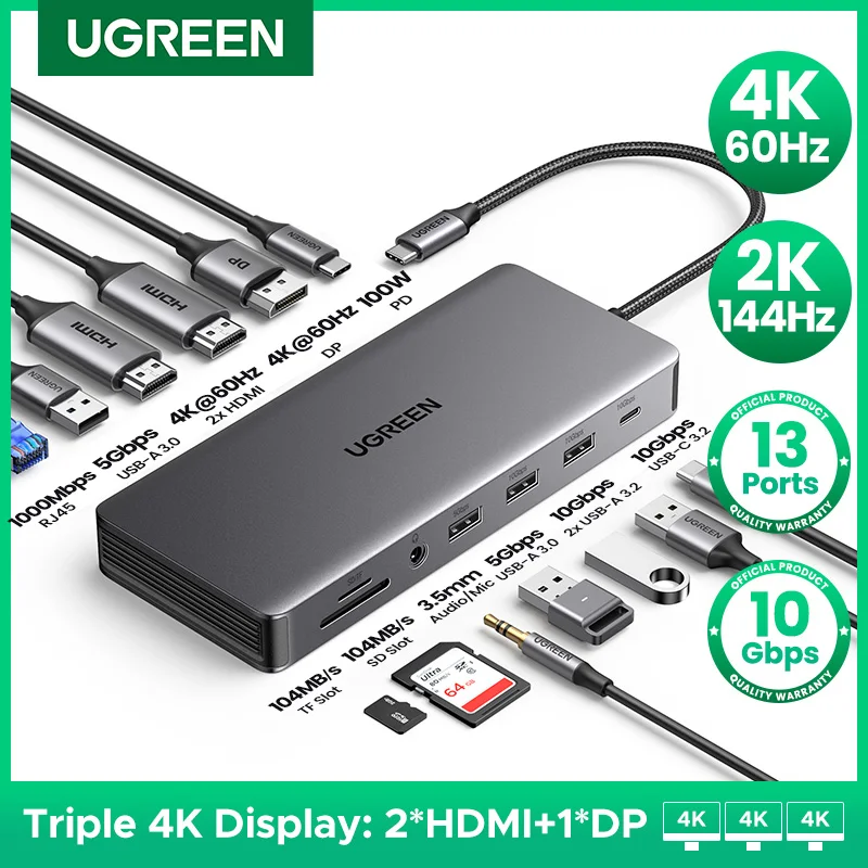 UGREEN USB-C 허브 트리플 디스플레이 도킹 스테이션, 맥북 프로 에어 델 XPS용, 4K 듀얼 HDMI DP, 10Gbps, USB3.2, PD100W, SD, TF, 13 인 1 title=UGREEN USB-C 허브 트리플 디스플레이 도킹 스테이션, 맥북 프로 에어 델 XPS용, 4K 듀얼 HDMI DP, 10Gbps, USB3.2, PD100W, SD, TF, 13 인 1 