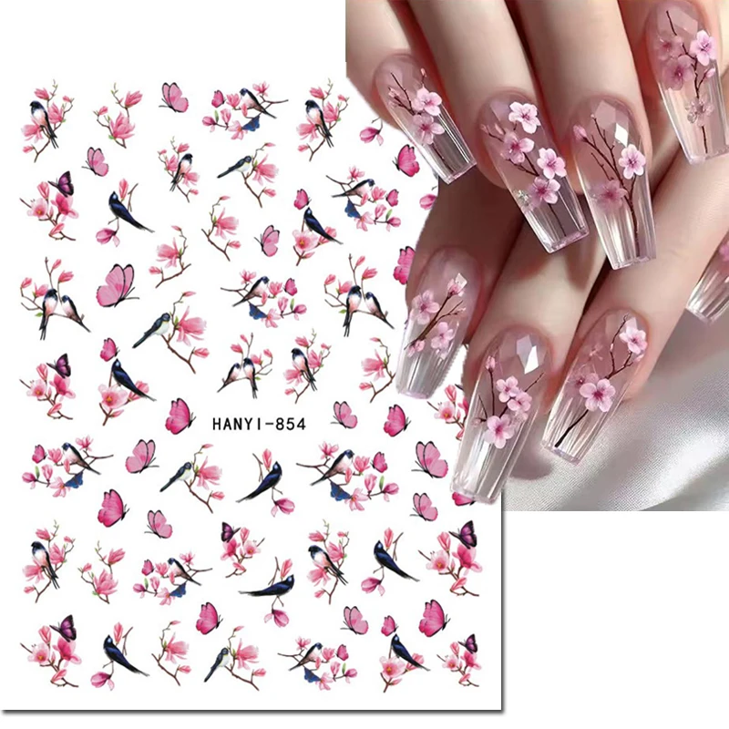 3d 네일 아트 데칼 빈티지 장미 체리 보섬 꽃 나비 전체 팁 스티커 손톱 아트 매니큐어 팁 장식