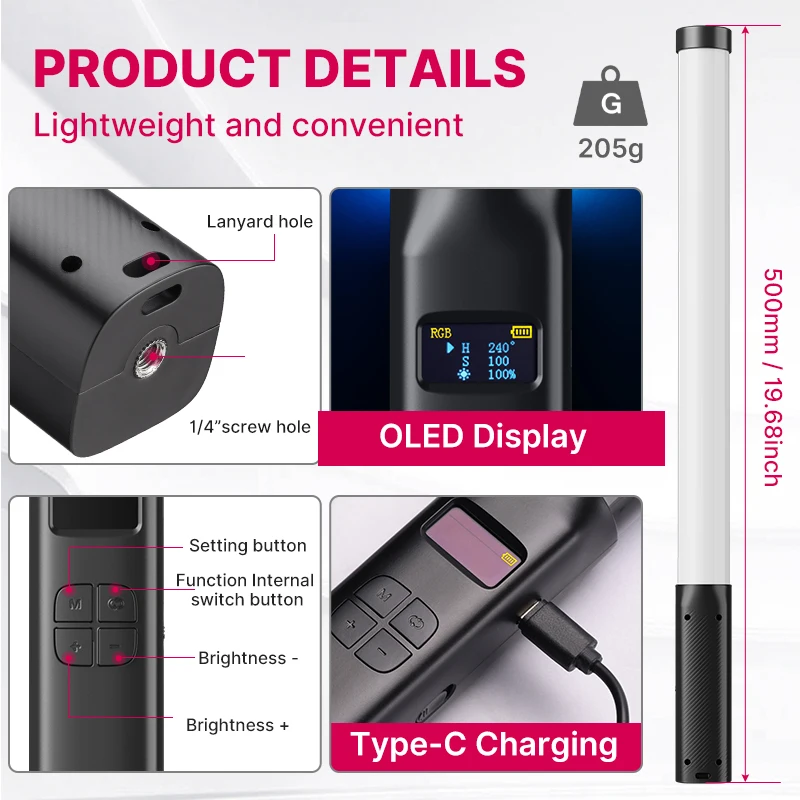 Ulanzi VL119 핸드 헬드 RGB 다채로운 스틱 라이트 19.68 인치 핸드 헬드 LED 라이트 완드 CRI 95 + 2500K-9000K 사진 스튜디오 램프