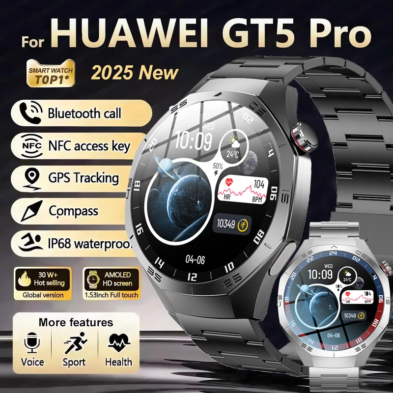 2025New For Huawei GT5 Pro 스마트 워치 남성용 HD AMOLED 스크린 GPS 모션 궤적 심박수 블루투스 통화 1.52