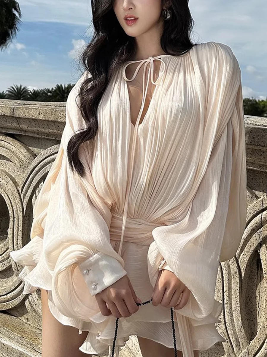 GALCAUR 솔리드 루즈 Splicd 레이스 업 드레스 여성용 V 넥 긴 소매 패치 워크 프릴 튜닉 드레스 여성 Fashio New