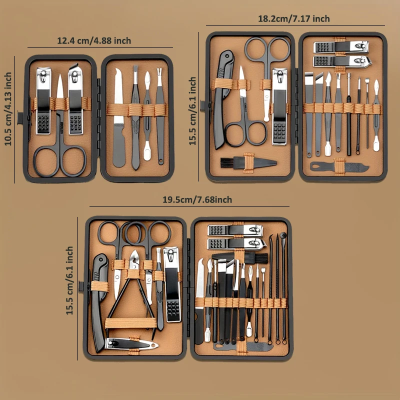 7/16/18Pcs 매니큐어 세트 스테인레스 스틸 전문 페디큐어 키트 네일 그루밍 키트 클리퍼 키트 블랙 PU 가죽 케이스