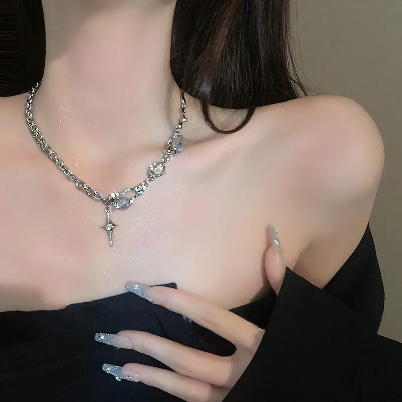 여성을위한 Kpop 패션 반짝 이는 스타 목걸이 Y2K 크리스탈 지르콘 크로스 펜던트 목걸이 소녀 골동품 실버 컬러 쇄골 체인