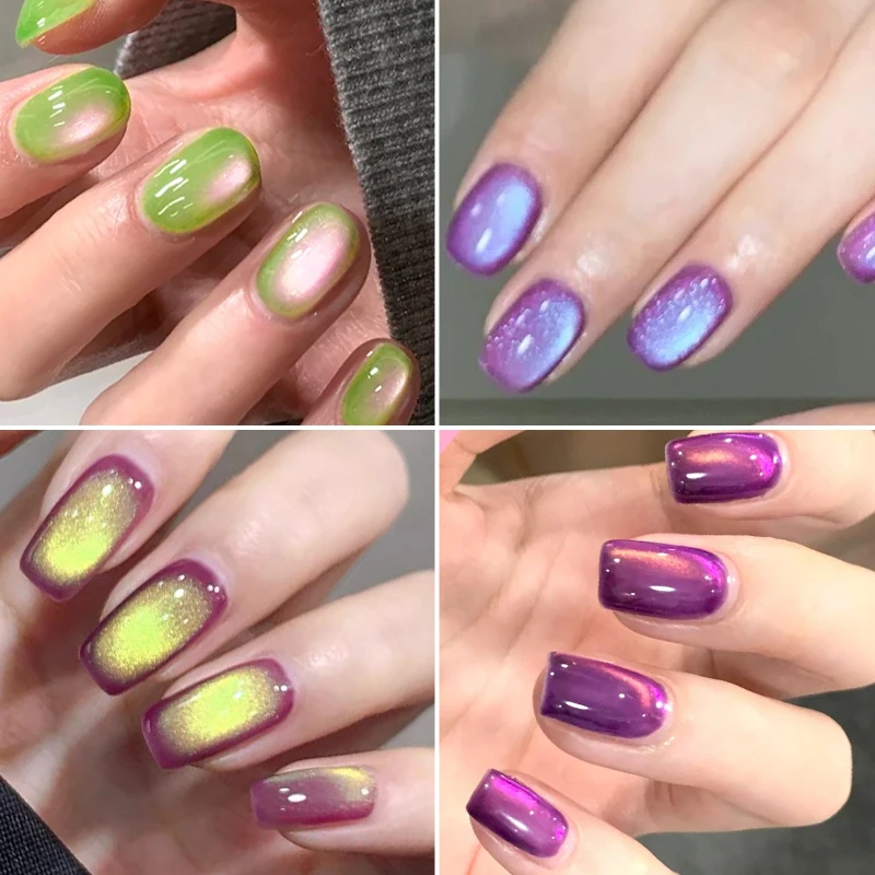 MEET ACROSS 구아바 & 포도 컬러 고양이 마그네틱 젤 녹색 유리 구슬 고양이 눈 젤 UV 젤 네일 아트 광택 살롱 홈 DIY