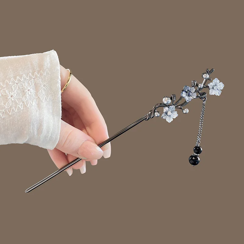 여성용 모던 비녀 잉크 꽃 금속 술 머리핀 포크, 검은 구슬 프린지 헤어 걸쇠, 중국 한푸 헤어 쥬얼리, 신제품