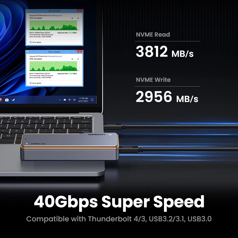 UGREEN 40Gbps NVMe SSD 케이스, SSD 인클로저, M.2 NVME PCIE용 어댑터, 내장 냉각 조끼, 알루미늄 케이스