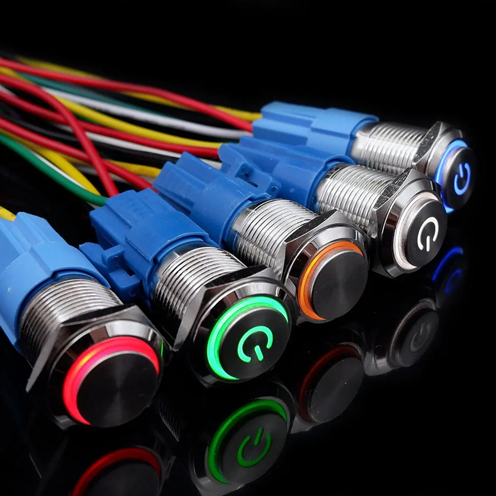 12 16 19 22 mm 금속 푸시 버튼 스위치(와이어 켜기 끄기 PC 전원 하이 헤드 12v 자동차 순간 래칭 고정 파란색 5V 220V)