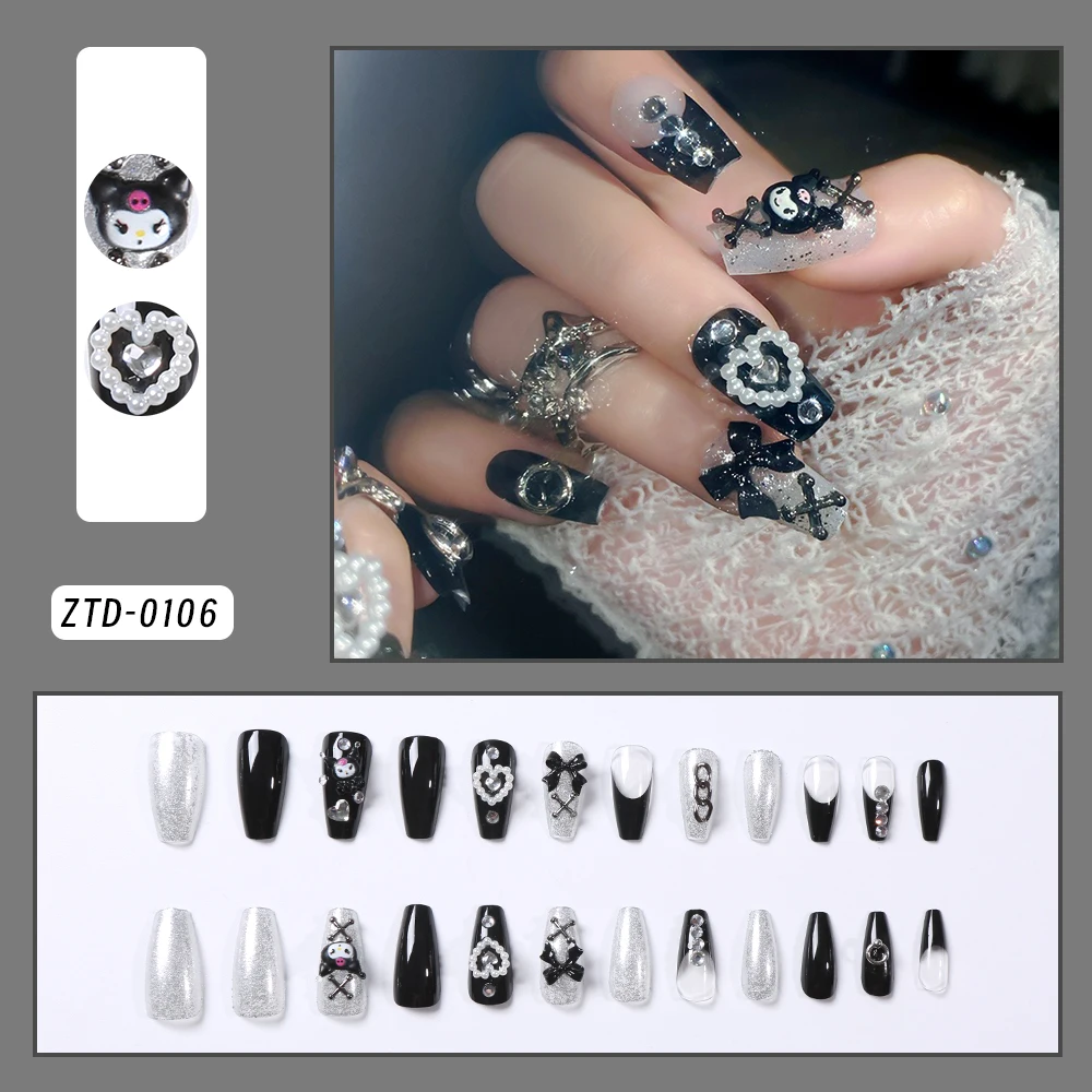 24Pcs 손톱에 3D kuromi 프레스 Y2K 만화 수제 가짜 손톱 블랙 젤 네일 웨어러블 손톱 Cinnamoroll Melody Anime False Nail