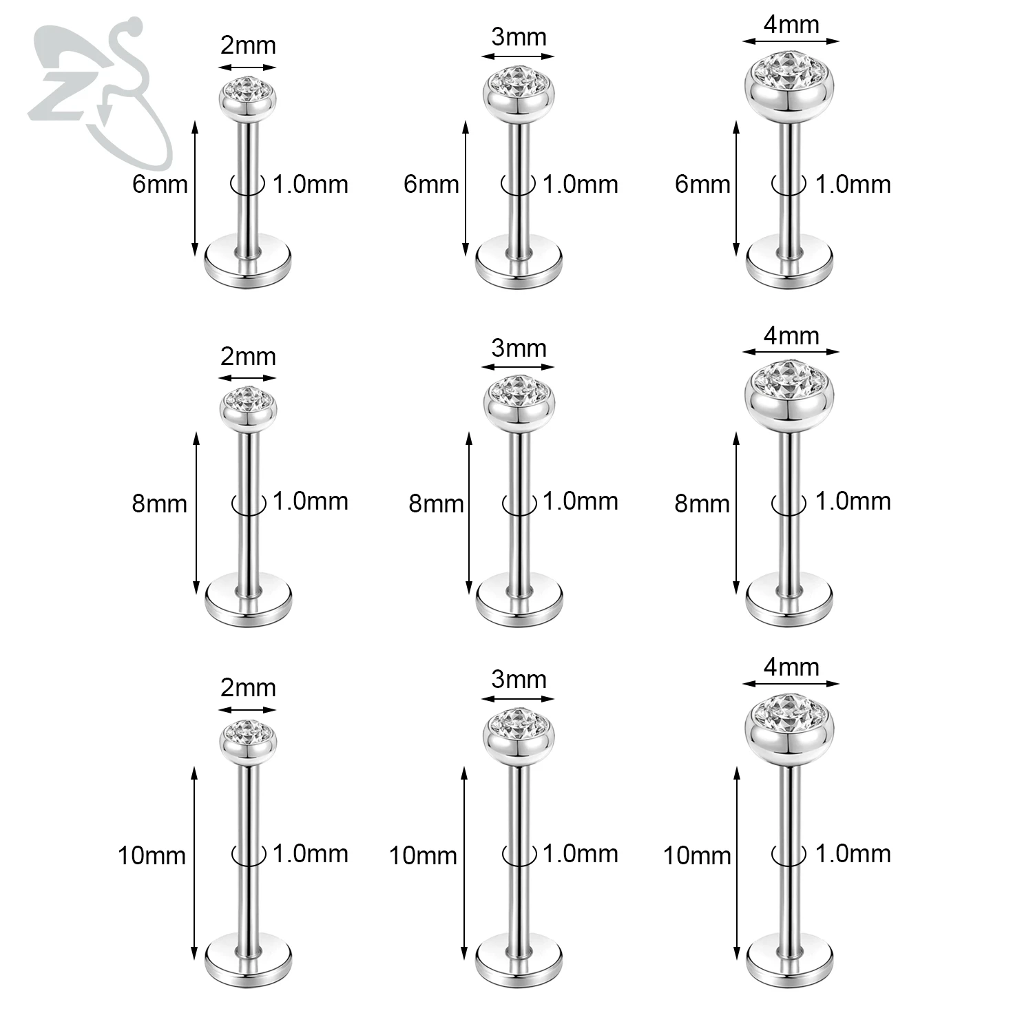 ZS 10 개/몫 골드 컬러 16/18G 스테인레스 스틸 Labret 립 피어싱 남자 CZ 크리스탈 귀 연골 Tragus 헬릭스 피어싱 6/8/10MM