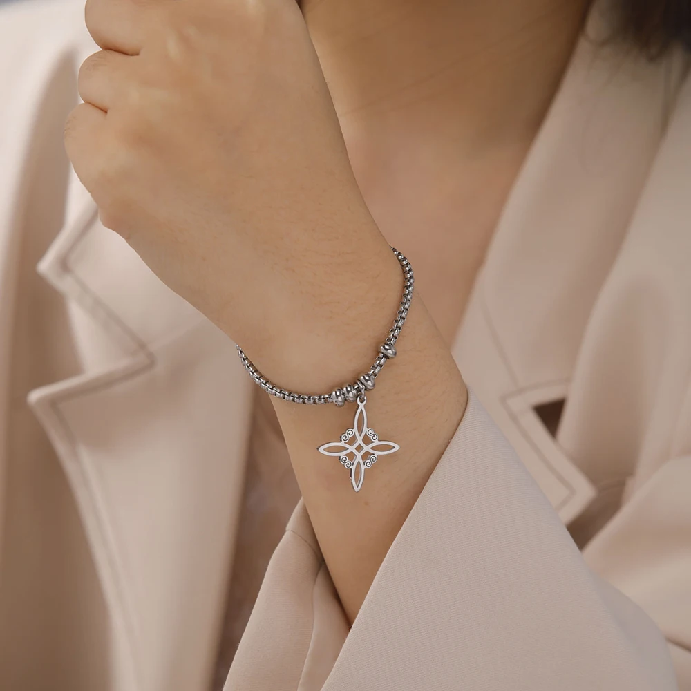 Dawapara 마녀 매듭 여성을위한 매력 팔찌 셀틱스 매듭 보호 부적 비드 체인 스테인레스 스틸 요술 Wiccan 쥬얼리