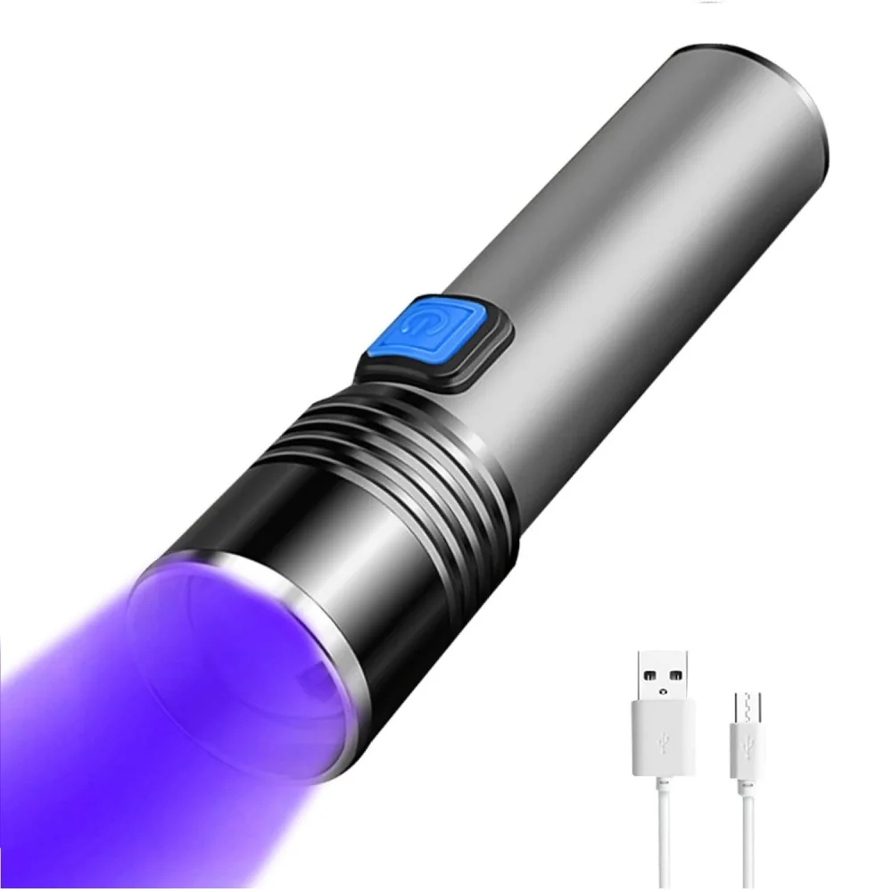 USB 충전식 365nm UV 손전등 알루미늄 휴대용 자외선 토치 블랙 라이트 애완 동물 소변 감지기 블랙 손전등