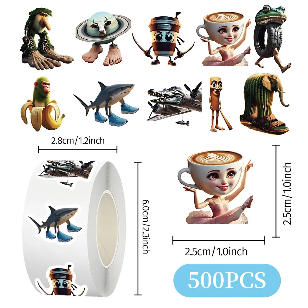 500pcs/Roll Tung Tung Sahur 이탈리아어 Brainrot AI Abstrac 씰링 스티커 DIY PVC 노트북 데칼 장식 Stiker 보상 선물 완구