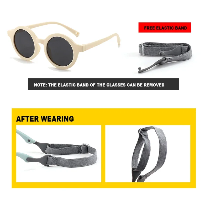 아기 편광 라운드 선글라스 유아 신생아 유아용 스트랩이 있는 유연한 고무 그늘 0-36개월